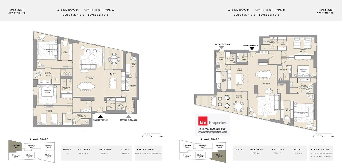 3 BD Type A and B floor plan