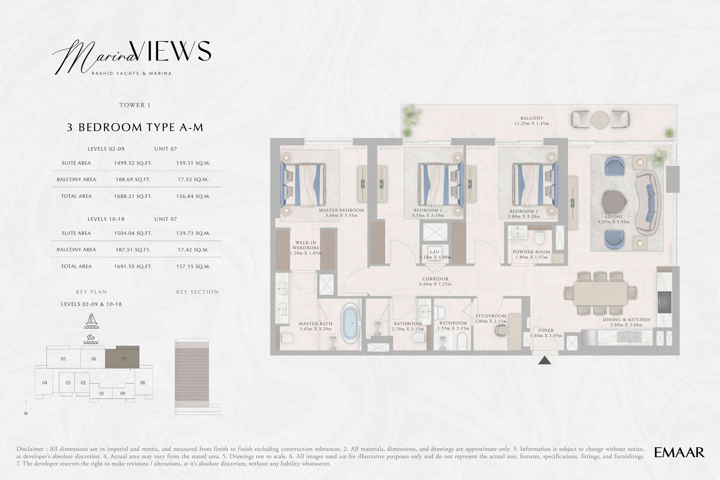 Tower 1 - 3BR - Type A-M - Level 2-9, 10-18 floor plan