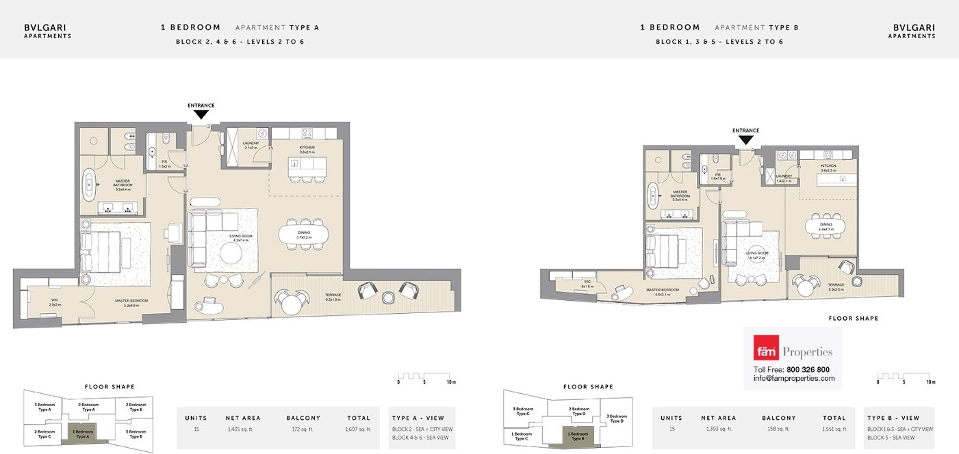 1 BD Type A and B floor plan