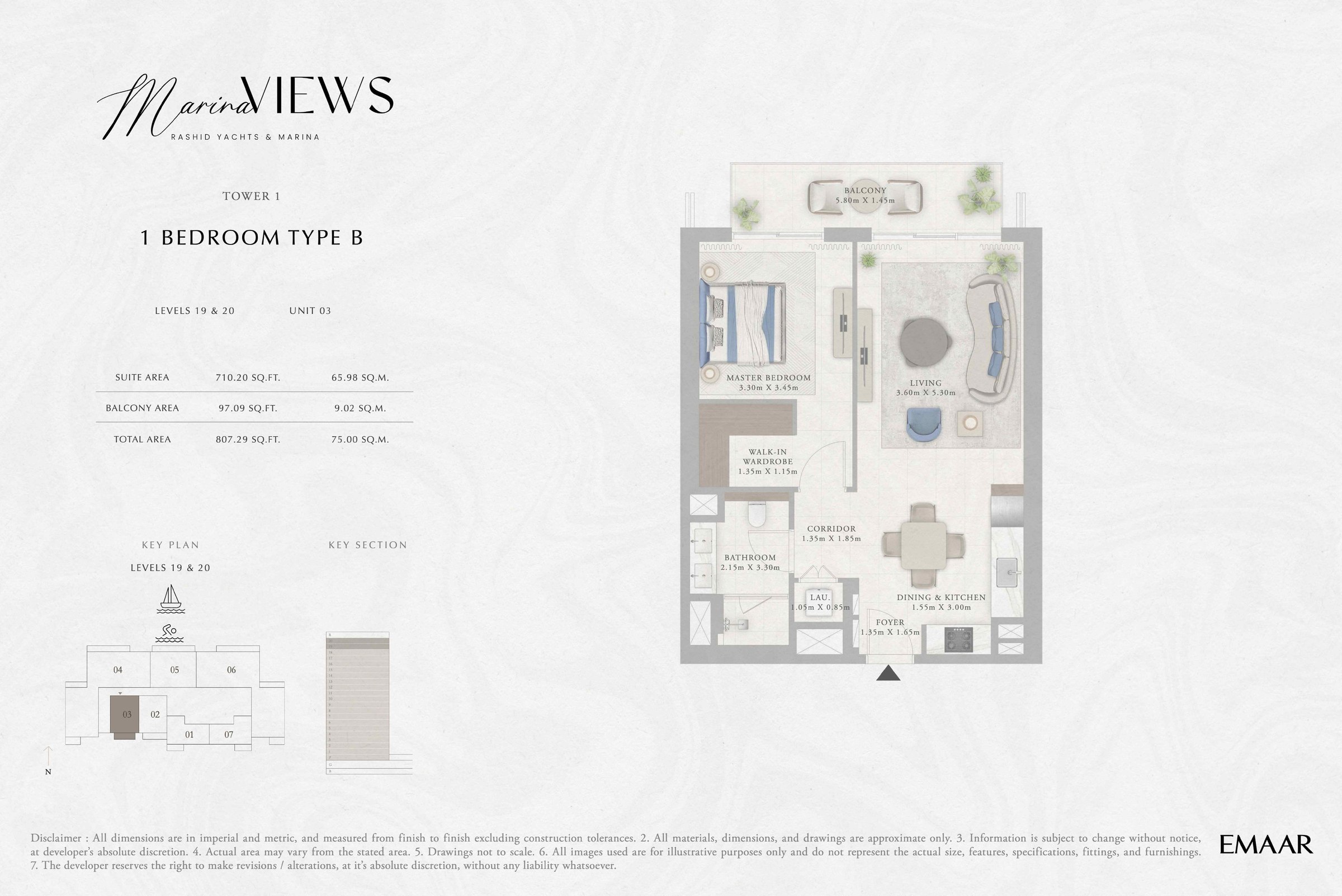 Tower 1 - 1BR - Type B - Level 19-20 floor plan