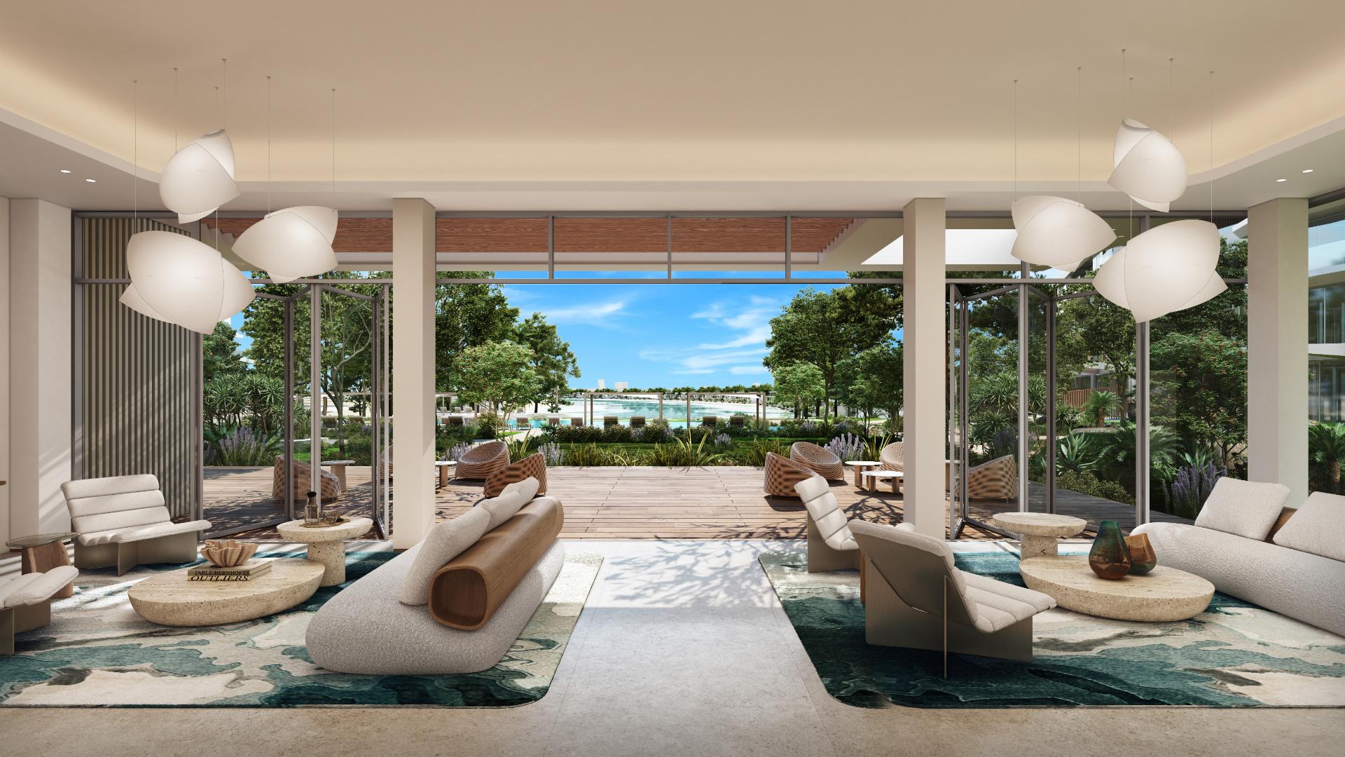 Residential lounge overlooking landscaped outdoor space &mdash; project illustration